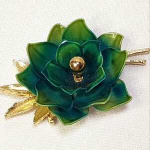 Vintage Coro Green Blue And Yellow Floral Brooch with Gold Stem Cener And Leaves